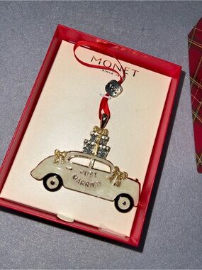 Monet White and Gold 'Just Married' Car Ornament with Red Ribbon